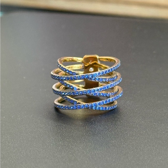 Michael Kors -Gold Tone, Blue Pave Glitz Criss Cross Ring Size 7 - Picture 1 of 8